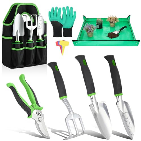 Housolution Set Attrezzi da Giardino, 8 Pezzi Kit Attrezzi Manuali da Giardinaggio Forniture da Giardinaggio in Lega di Alluminio Resistente con Borsa Tote per riporre Manici in Legno, Verde