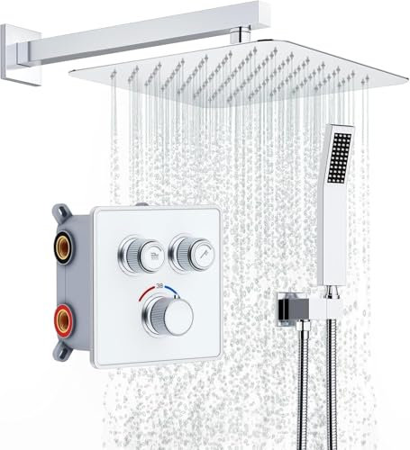 Rainsworth Sistema de ducha empotrado con termostato de 38 ℃ cromo, flujo de agua ajustable, juego de grifo de ducha empotrado con ducha de lluvia de 30 x 30 cm, juego de ducha con ducha de mano,