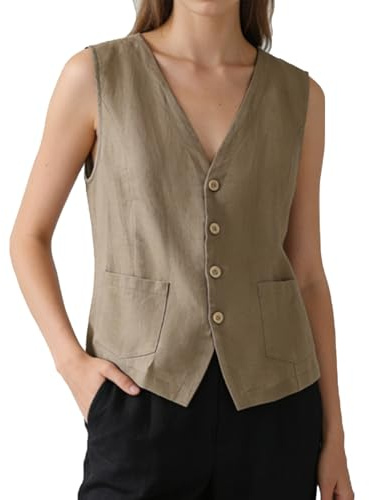 YOUNIFIZ Womens Linen Vest Casual Sleeveless Button Down Linen Blazer Lightweight V Neck Jacket Waistcoat Vest with Pocket, Kahki