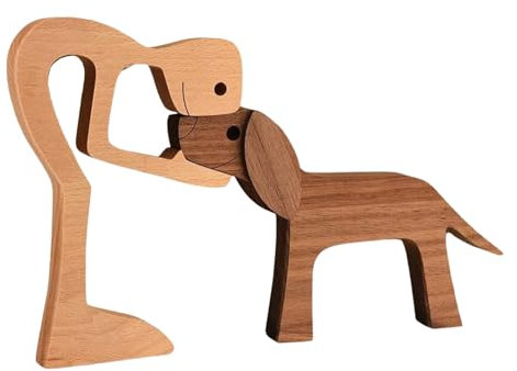 Ginddy Figurine en Bois pour Chien,Statue en Bois Faite à la Main en Forme de Chiot Décoration en Bois Faite à la Main Sculpture pour la Décoration du Salon,du Bureau ou de la Maison(Garçon et Chien)