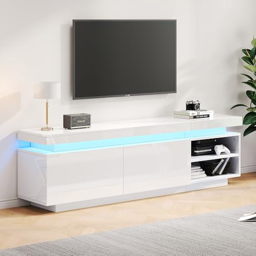 Merax Hochglanz TV Schrank mit LED-Beleuchtung, Einstellbare Helligkeit und 16-LED-Farben, Lowboard Sideboard TV-Kommode Fernsehschrank Fernsehtisch für 70-Zoll-TVs, Weiß/170x35x50cm