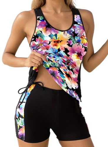 Dokotoo Women's Tankini Sets Two Piece Tops with Shorts Swimsuits for Women Bathing Suits Floral Printed Beach Vacation Clothes Tummy Control Swimwear Womens Swimsuit Multicolour M