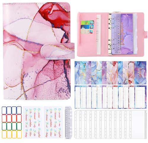 ALLOMN Budget Planner Binder, A6 Haushaltsbuch Geldumschläge Umschlagmethode Cash Stuffing Startset Budgetplaner Geld Organizer Sparbuch Geldsparbinder mit Folien für Finanzplaner Sparen Mappe (Rosa)