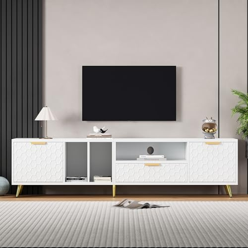 BTM Meuble TV Blanc, Motif Nid d’Abeille Mat, Compartiment, Portes, Tiroir, Charge 60kg, 180x40x41cm