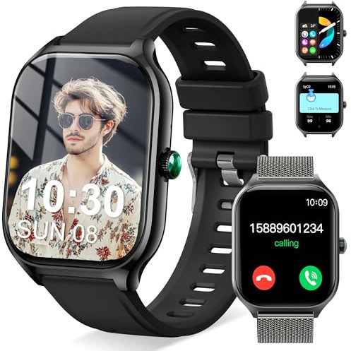 Smartwatch Damen Herren,Fitnessuhr Tracker mit | 2.01 HD Touchscreen | Telefonfunktion | Silikon + Zinklegierung 2 Armbänder | App-Benachrichtigungen | Sportuhr mit 123+Sportmodi für Android/iOS