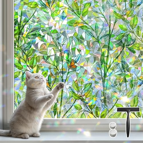 DIFIT Stained Glass Window Film Privacy, Green Leaf Pattern, 90x200cm | Rainbow Effect Decorative Privacy Film for Glass Windows, Static Cling, Anti-UV, Removable, with Tools for Home and Office