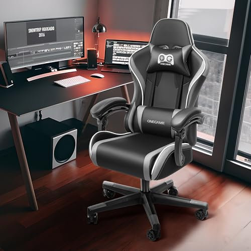 OneGame Gaming Sthul, Ergonomischer Computer Gamer Chair Bürostuhl höhenverstellbar Drehstuhl mit Verstellbare hohe Rückenlehne Lendenkissen 150KG-200, Grau