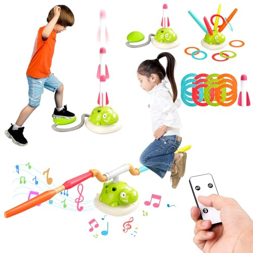 Flintosky Gioco Musicale di Lancio Anello e Lancio Razzo a calpestio 3 in 1 per Bambini, Divertimento Sportivo Interno ed Esterno per Bambini dai 3 ai 9 Anni, Telecomando e attività di Design Sicuro