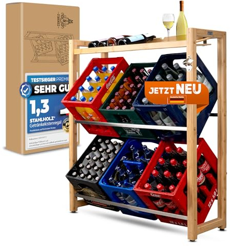 Stahlholz Scaffale per casse di bevande con ripiano aggiuntivo per 5-6 casse di bevande, estremamente stabile, in legno di alta qualità, design sostenibile in acciaio inox di bambù