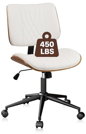 CLATINA Armloser Bürostuhl mit Rollen, höhenverstellbar, ergonomischer Drehstuhl, Leder, mittlere Rückenlehne, Computer-Schreibtischstuhl, Moderne Walnussholzstühle für Arbeitszimmer, schwarz