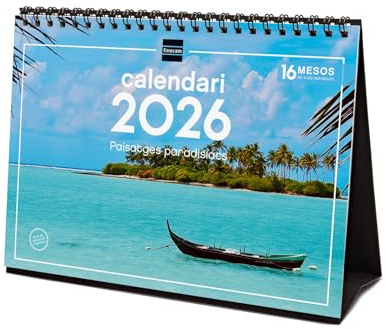 Finocam - Calendrier de bureau 2026 Vue mensuelle Janvier - Décembre 2026 + Sep.- Déc. 2025 (4 mois) réduits | Calendrier 2026 | Images Paysages paradisiaques - Catalan