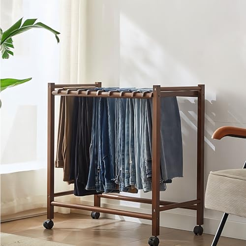 Hosenbügel Platzsparend mit beweglichen Rädern Schrank Organizer mit 12 Hosenbügel Bodenstehender Hosenständer für Schrank,Jeans,Hosen Hosenaufhängung Holz(Walnut)