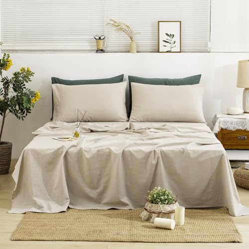 TUMEI 4 Pieces 100% Stonewashed French Linen Bedding Sheets Set, 16 Deep Pocket, 1 Fitted Sheet & 1 Flat Sheet & 2 Pillowcases, Solid Color, Soft & Comfortable (Natural Color, King Size)