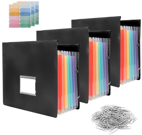 7-Pocket Hanging File Folders, 3 Pack Expandable File Organizer with 18 Sticky Notes & 100 Paper Clips, Letter Size Accordian Pockets for Filing Cabinet Home, Office, School(Color:Black)