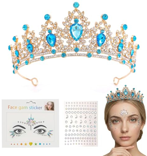 ENYACOS Diadem Gold Damen & Mädchen + 2x Face Gems – Strass Tiara Krone mit Blauen Kristallen – Prinzessin & Königin Kostüm Accessoires für Fasching, Hochzeit, Geburtstag & Abschlussball (A)