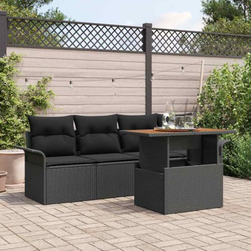QUAHEAS Trädgårdssoffa set 5 delar, svart av polyrotting, modulär loungesoffa med kudde, höjdjusterbart bord för terrass, trädgård och balkong