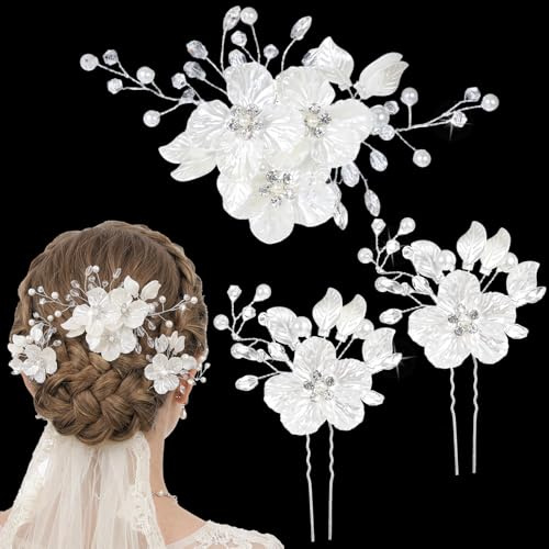3 Stück Brautschmuck Haare, Blumen Perle Hochzeit Haarschmuck Braut | Weiß Haarnadeln Hochzeit, Haarspange Hochzeit für Bräute, Brautjungfern und Mädchen