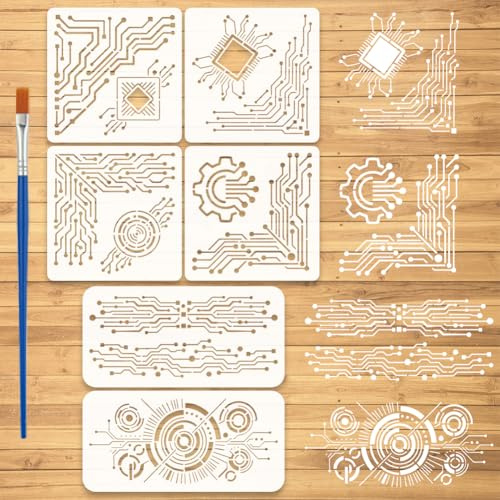 FINGERINSPIRE 6 Stück Elektronische Schaltkreis Schablonen für Ecken und Bordüren mit Pinsel, 2 Größen Wiederverwendbare Schaltkreislinien Schablone zum Malen auf Wand, Holz, Möbel, Stoff und Papier