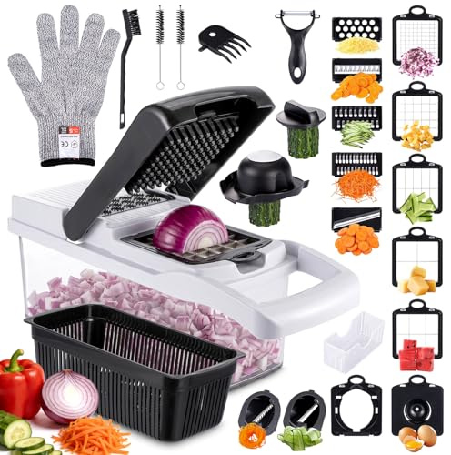 Ideal Swan Multifunctional Vegetable Chopper, 26-in-1 Vegetable Cutter Mandoline Slicer with Container, Cheese Grater Manual Food Dicer for Salad Potato Tomato Onion Fruit, Kitchen Tools and Gadgets