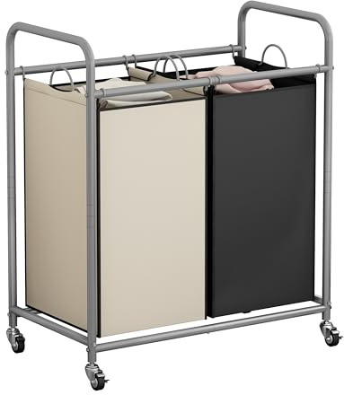 Laundry Basket 2 Bag Laundry Hamper Sorter Cart with Rolling Lockable Wheels and Removable Bags Laundry Organizer Cart for Clothes Storage (Assorted)