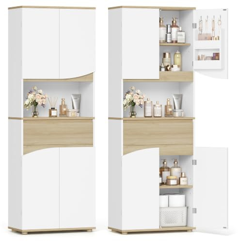 Fobyfurny Armario de Baño, Columna Alto, 60 x 30 x 170 cm, Blanco y Roble