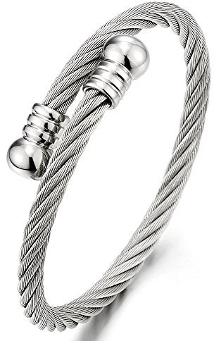COOLSTEELANDBEYOND Minimalistisch Elastische Verstellbare-Dame Herren-Armband Verdrehten Stahlkabel Armreif aus Edelstahl Silber Farbe