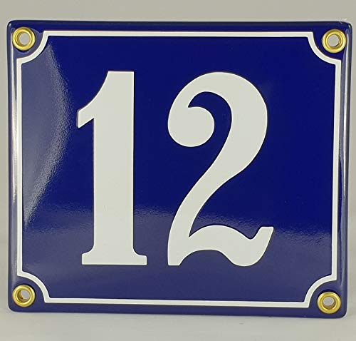Hausnummer Emaille Schild Nr. 12 Blau-Weiß Handarbeit mit Schrauben und Dübel zur Montage