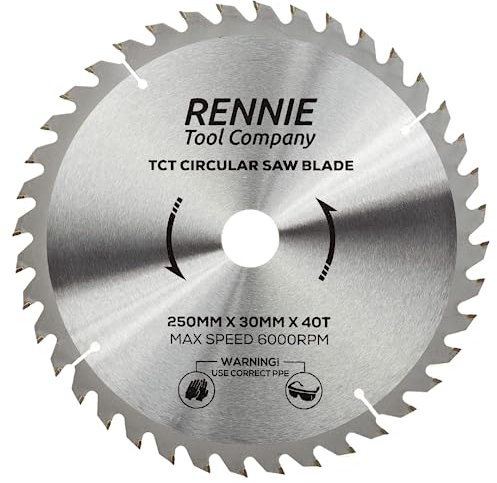Rennie Tools TCT Kreissägeblatt, 250 mm x 30 mm x 40 Zähne, inkl. Reduzierringe für 25 mm, 20 mm und 16 mm Bohrung. Kompatibel mit Bosch, Makita, Dewalt Kreissägen usw. Passend für 255 mm Kreissägen