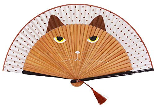 Damen Faltbarer Handfächer Süße Katze (Schwarz, Braun, Gelb) Faltbarer Seide Handfächer Geeignet für Hochzeit Tanzen Kirche Party Geschenke