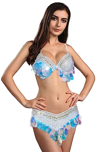 ROYAL SMEELA Magdansbehå och magdans bälte magdans kostym damer set magdans kläder färgglada tofs behå och bälte magdans bälte bh magdans kostym för kvinnor orientaliska danskläder, Vit, S