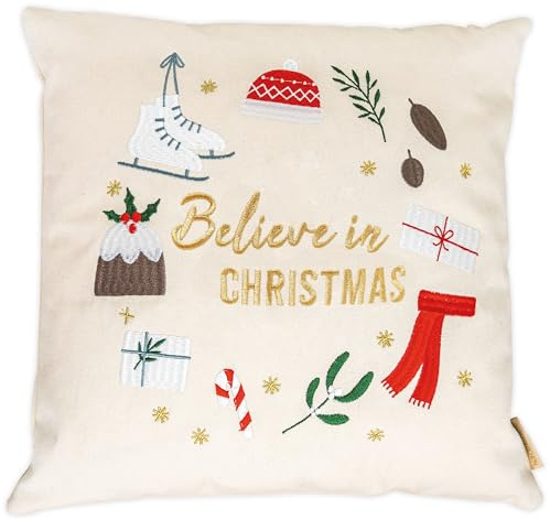 Papierdrachen Weihnachten 2026 - Kissenbezug mit Stickerei „Believe in Christmas“ - 40 x 40 cm - Festliche Deko aus Baumwolle - Sofa & Wohnzimmer