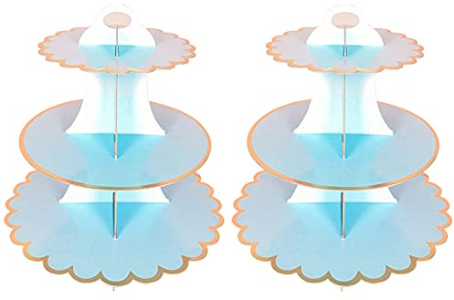 2 PACK Cardboard Cake Stand, 3 Tier Paper Dessert Round Cupcake Holder Tower Disposable Pastry Stand for Birthday, Afternoon Tea,Wedding Party Anniversary Christening Fruit Desserts Display(Blue)