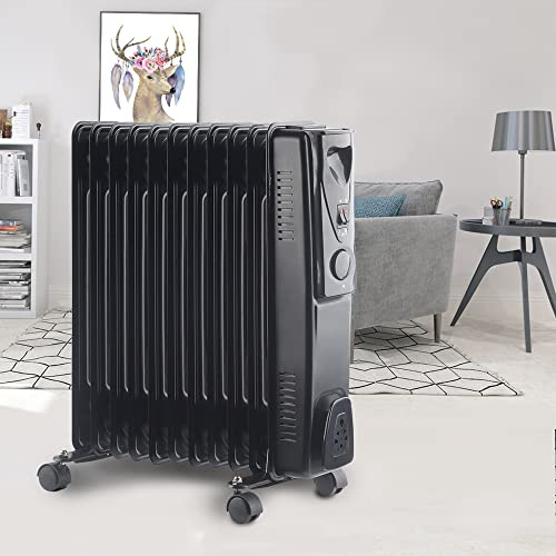 NRG 2.5KW Oil Filled Radiator 11 Fins Portable Electric Heater Black | Adjustable Thermostat, with 3 Power Settings, Tip-Over Protection