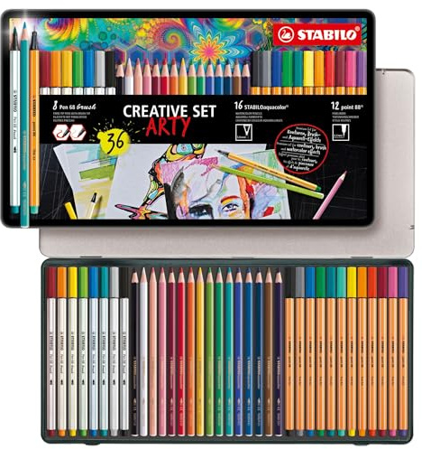 STABILO - Stifte-Set - Creative Set - ARTY - 36er Metalletui - Premium-Filzstifte mit Pinselspitze, Aquarell-Buntstifte & Fineliner