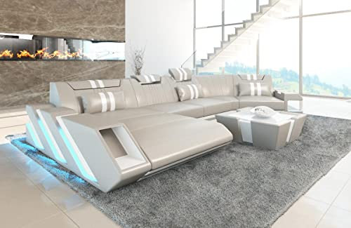 Sofa Apollonia C Form Wohnlandschaft Leder Couch mit Kopfstützen Ledersofa mit LED Beleuchtung (Ottomane Links, Beige-Weiß)