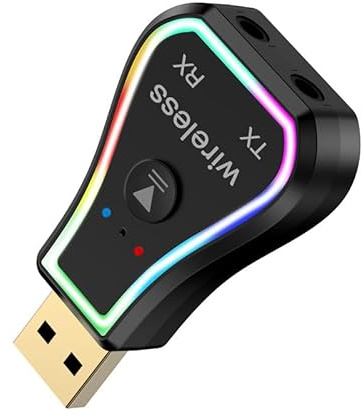 Adaptateur USB Bluetooth, Bluetooth 5.0 7 Couleurs RVB Lumière Ambiante 2 en 1 Transmetteur Récepteur sans Fil pour PC TV Casque Stéréo Domestique