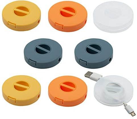 LIUCONGBD 8PCS Charging Cable Organizer, Portable Cable Winder Wire Storage Cord Management, Retractable Cables Tidy Reel Box for Charger USB Data Cords Earphones Mouse Home Office (Round)