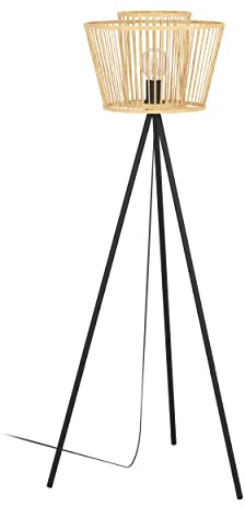 EGLO Stativ Stehleuchte Hykeham Stehlampe aus | Holz in Natur und Metall in Schwarz, Dreibein Standleuchte Boho, Bambus Lampe Wohnzimmer, Wohnzimmerlampe mit E27 Fassung