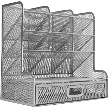 Drahtmetal Zettelbox, 26x15x26 cm Schwarz Büro Mesh Zettelkasten Schreibtisch Kartenhalter Stiftehalter Organizer mit 9 Fächern und 1 Ausziehbarer Schublade für Scheren Stifte Haftnotizen