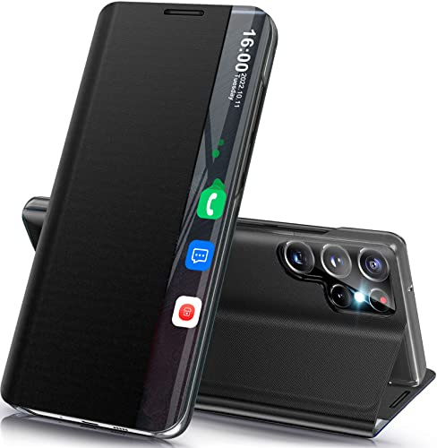 Handyhülle für Samsung Galaxy S23 Ultra Hülle Klappbar, Luxus Dünn Spiegel Flip Leder Hard PC Stoßfest Case Cover Galaxy S23 Ultra 5g Hülle mit Ständer, Clear View für Samsung S23 Ultra 5G Etui