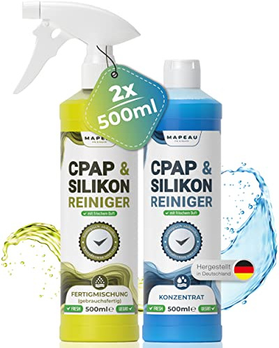 CPAP Maske Reinigungsspray Set 500ml - Konzentrat 500ml Silikon-Reiniger Schlauchreiniger, CPAP Spezialreiniger Sprüher, Kunststoffreiniger, Mapeau (2x 500ml)