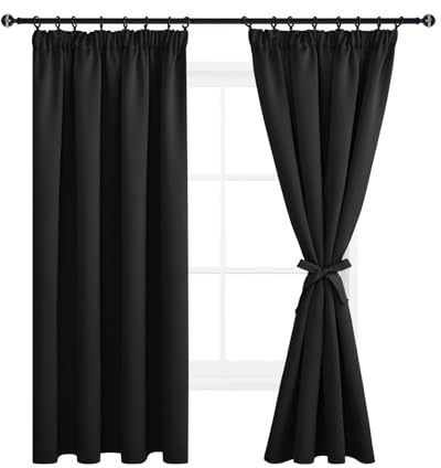 DWCN Vorhang Blickdicht Verdunkelungsgardinen mit Kräuselband Vorhänge Wohnzimmer mit Vorhang-Krawatten, Wärmeisolierende Gardinen Kurz Thermovorhang Vorhänge Küche,137x117cm(HxB), Schwarz, 2er Set