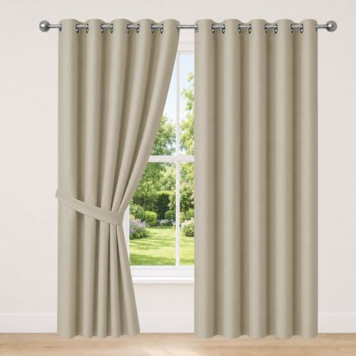 AMEHA Blackout Curtains for Bedroom Eyelet Cream Curtains, 66”x90” 1 Pair | Blackout Ring Top Curtains for Living Room Curtains 90” Drop, Sun Protection Privacy Curtain 2 Panels with Tiebacks