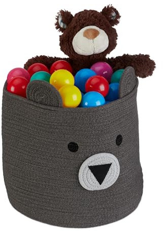 Relaxdays Aufbewahrungskorb für Kinder, Baumwollkorb Bär, H x D: 38 x 34 cm, Spielzeugkorb Kinderzimmer, Baumwolle, grau