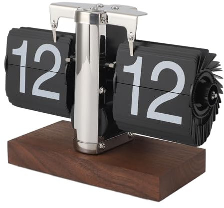 ciciglow Flip-Tischuhr, 24-Stunden-Retro-Flip-Down-Schreibtischuhr mit Holzsockel, Automatischer Mechanischer Flip-Drehknopf, Zeiteinstellungsuhr für das Heimbüro