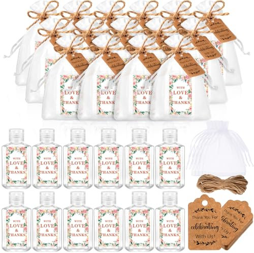 Tiangrid Mini-Händedesinfektionsmittel-Flaschen, Großpackung, Hochzeitsgeschenke für Gäste, 57 ml, leere Reisegröße, Händedesinfektionsmittel-Flaschen mit 50 Organza-Beuteln, Dankesanhänger für