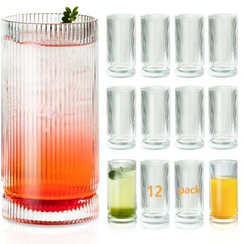 KEMORELA Vasos para beber: cristalería acanalada, vasos antiguos, vasos de vidrio estilo origami de 16 onzas, 12 piezas elegantes de cristalería vintage ondulada para cócteles, bebidas de bar y café