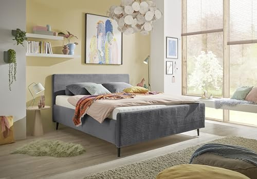 Stella Trading Polsterbett 180x200 Peach in Cord-Optik, Bettgestell mit gepolstertem Kopfteil & Holzfüßen, modernes Stoffbett, ohne Matratze & Lattenrost, Dunkelgrau