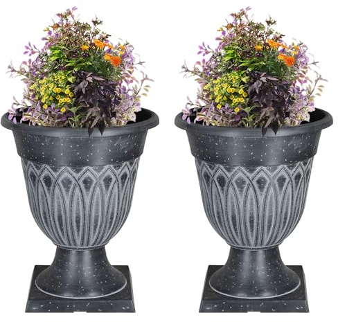 SG Traders Large Urn Plant Pot Stand, Flower Pots Outdoor Garden Planters, Indoor Plant Pot, Tall Planter with Drainage Holes, Strong Plastic Patio Home Plants (Pack of 2)