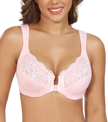 DotVol Women's Front Closure Wide Strap Underwire Bra Lace Plus Size U-Back Unlined Everyday Bra(Pink,34F)